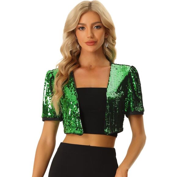 Sequin Shrug Puff Short Sleeve Open Front Glitter Cropped Jackets green - Picture 1 of 5